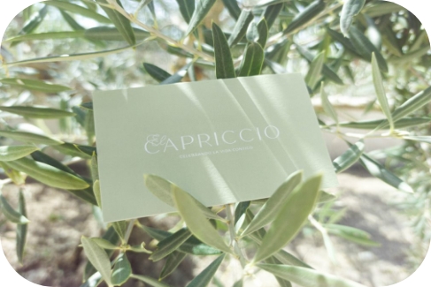 Tarjera de visita de El Capriccio en color verde sobre ramas de olivo