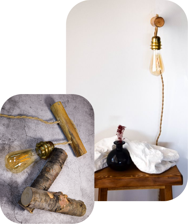 Composición de fotos con lámpara artesanal de madera y cuerda y bombilla Edison Vintage